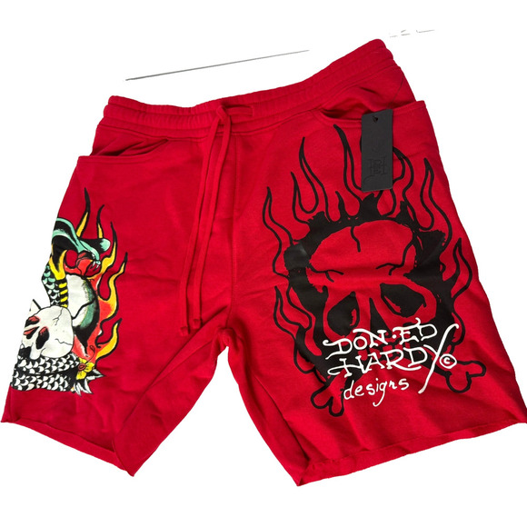 Ed Hardy Shorts, Men's Tattoo Graphic Skull Red Graphic Streetwear Sz Small NWT - Picture 1 of 4